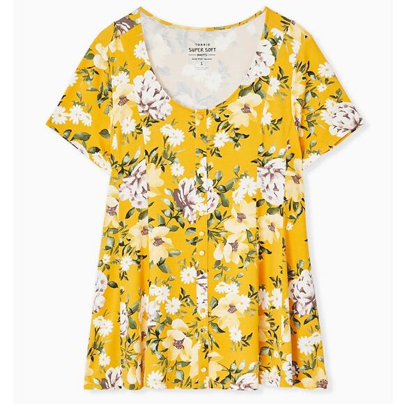 Torrid Super Soft Mustard Floral Top Womens 2X Fit & Flare Button Front Knit - Picture 1 of 9